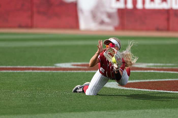 Alabama softball center fielder Dallis Goodnight makes a catch against Kentucky.
